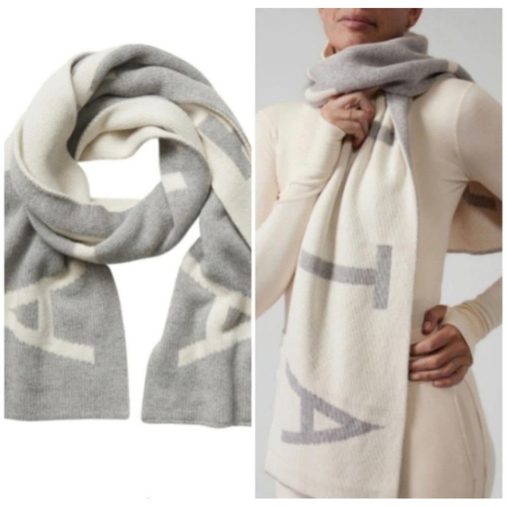 Athleta Gray White Knit Logo‎ Scarf Women One Size Reversible